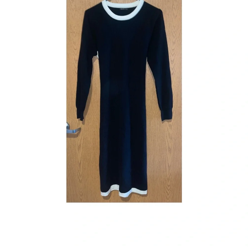 NWT GORGEOUS MOTIF MIDI BLACK DRESS WITH WHITE ACCENTS AND BELT! - Picture 7 of 11